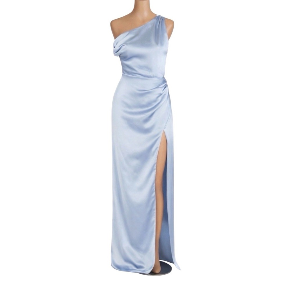 Show Me Your Mumu Jodie Dress Women Medium Steel Blue Luxe Satin Lined Side Slit - Picture 4 of 12